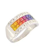 Rainbow Sapphire & Diamond Invisible Set Band Ring 18K White Gold (2.25ct tw)