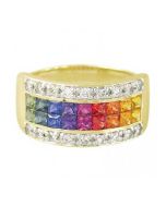 Rainbow Sapphire & Diamond Invisible Set Band Ring 14K Yellow Gold (2.25ct tw)