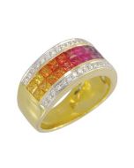 Rainbow Sapphire & Diamond Invisible Set Band Ring 18K Yellow Gold (4.3ct tw)