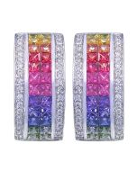 Rainbow Sapphire & Diamond Invisible Set Huggie Earrings 14K White Gold (8.75ct tw) By:rainbowsapphirejewelers.com