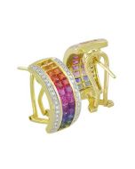 Rainbow Sapphire & Diamond Invisible Set Huggie Earrings 18K Yellow Gold (8.75ct tw) By:rainbowsapphirejewelers.com
