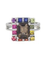 Rainbow Sapphire & Smoky Quartz Rubix Cube Ring 14K White Gold (3.26ct tw)