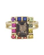 Rainbow Sapphire & Smoky Quartz Rubix Cube Ring 14K Yellow Gold (3.26ct tw)