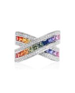 Rainbow Sapphire & Diamond Large Crossover Ring 925 Sterling Silver