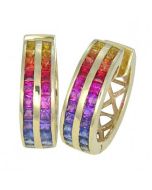 Rainbow Sapphire Earrings Double Row Huggie 18K Yellow Gold (5ct tw) By:rainbowsapphirejewelers.com