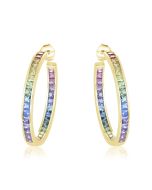 Rainbow Sapphire Earrings Channel Set Hoop Huggie 14K Yellow Gold (8.8ct tw) By:rainbowsapphirejewelers.com