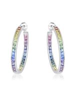 Rainbow Sapphire Earrings Channel Set Hoop Huggie 14K White Gold (8.8ct tw) By:rainbowsapphirejewelers.com