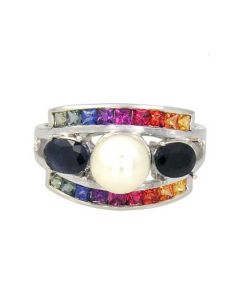 Rainbow Sapphire & Pearl with Blue Sapphire Cluster Ring 925 Sterling Silver (3ct tw) By:rainbowsapphirejewelers.com