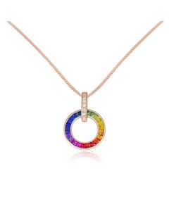 Circle Rainbow Pendant Thin Rolo Necklace Princess Cut Sapphire with Diamond in 14K Pink Gold