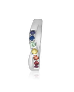 14K White Gold Rainbow Ring Pave Sapphire Wave Band Anniversary Ring
