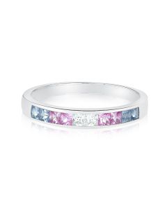 Pastel Pink White Blue Sapphire Band Silver Ring 0.75 Carat Minimal Half Eternity Channel Set Princess Cut