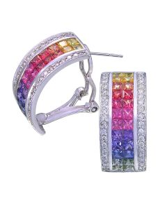 Rainbow Sapphire & Diamond Invisible Set Huggie Earrings 18K White Gold (8.75ct tw) By:rainbowsapphirejewelers.com