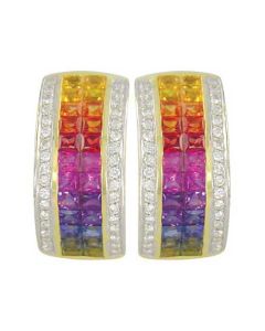 Rainbow Sapphire & Diamond Invisible Set Huggie Earrings 14K Yellow Gold (8.75ct tw) By:rainbowsapphirejewelers.com