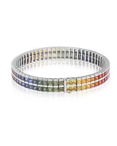 30 Carats Rainbow Bracelet in Sterling Silver Sapphire Bracelet Princess Cut 3.4mm Rhodium Plated