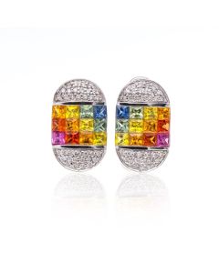 Rainbow Sapphire & Diamond Fancy 18K Gold Earrings (3.34ct tw)