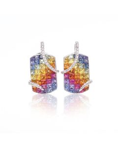 Rainbow Sapphire & Diamond Fancy 18K Gold Earrings (7.82ct tw)