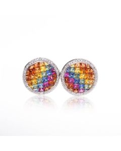 Rainbow Sapphire & Diamond Fancy Round 18K Gold Earrings (7.40ct tw)