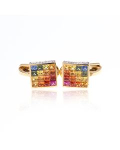 Rainbow Sapphire & Diamond Fancy Square 18K Gold Earrings (3.89ct tw)