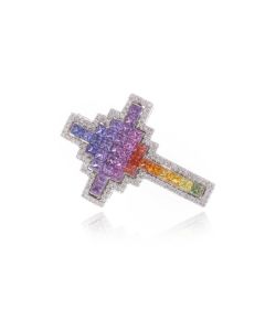 Rainbow Sapphire & Diamond Cross Religious Pendant 18K Gold (2.87ct tw)