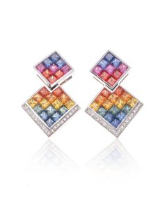 Rainbow Sapphire Double Square & Diamond 18K Gold Earrings (4.40ct tw)