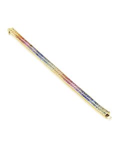 24 Carats Rainbow Sapphire Bracelet in 14K Yellow Gold 3.4mm Round Cut Double Row Eternity