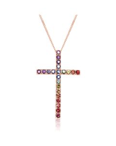 Intense rainbow Sapphire Religioud Crucifix Pendant 14K Rose Gold by Rainbowsapphirejewelers.com