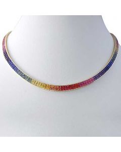 Rainbow Sapphire Invisible Set Double Row Tennis Necklace 14K Yellow Gold (43ct tw) By:rainbowsapphirejewelers