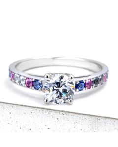 Pastel Sapphire Diamond Engagement Ring 6mm Moissanite D VVS in 14K 18K White Gold