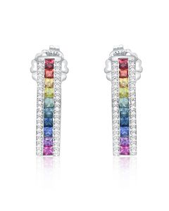 Rainbow Sapphire Diamond Stud Earrings in 14K 18K White Gold Anniversary Gift
