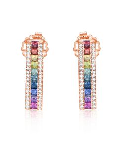 Natural Rainbow Sapphire Bar Stud Earrings Diamond Border in Rose Gold