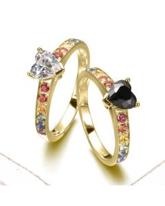 Black Ace of Hearts Engagement Ring Genuine Rainbow Sapphire Band 14K Yellow Gold