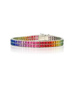 Rainbow Bracelet Double Row Sapphire in 925 Sterling Silver Eternity Bracelet Princess Cut 3.0mm 24 Carats Rhodium Plated