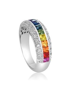 Rainbow Sapphire Diamond Ring 14K White Gold Alternative Wedding Band