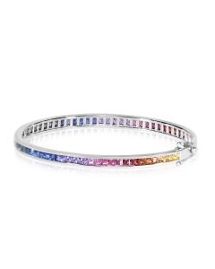 Silver Cocktail Bangle Rainbow Gemstone Minimal Eternal 8 Carat Ombre Sapphire 2.5mm Valentine's Gift for Her, Matching Gifts