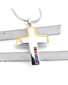 Silver Cross Pendant Modern Minimal, White and Yellow Plating Two Tone, Gemstone Made Christian Jewelry, Not Include Necklace