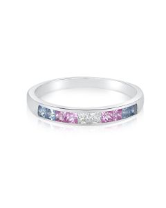 14K White Gold Minimal Matching Couples Anniversary Ring Light Pink Blue White Sapphire Ring Half Eternity Style Unisex 