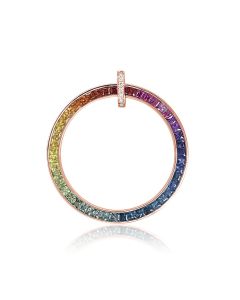 14K Rose Gold Large Rainbow Circle Pendant 2.4mm Princess Cut Natural Colorful Sapphire | Gold Plated Necklace Option