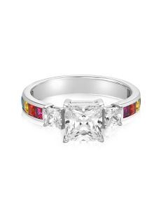 Sterling Silver Three Stone Engagement Ring, Channel Set Rainbow Sapphire Straight Shank