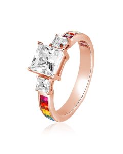 14K Rose Gold 3 Stone Ring Rainbow Sapphire Band | Moissanite D VVS Centre Option