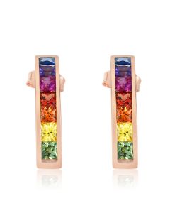 Sapphire Earrings in 14K 18K Rose Gold, Rainbow Strip Earring Studs, Modern J Huggie Style Earrings 2.3 Carat