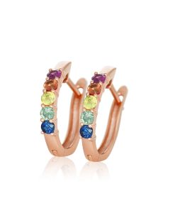 Rainbow Sapphire Prong Set Huggie Earrings in solid gold by rainbowsapphirejewelers.com