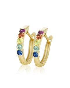 Rainbow Sapphire Prong Set Huggie Earrings in solid gold by rainbowsapphirejewelers.com