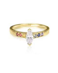 Fancy Diamond Gold Ring Moissanite Marquise Centre Pave Shank Rainbow Sapphire