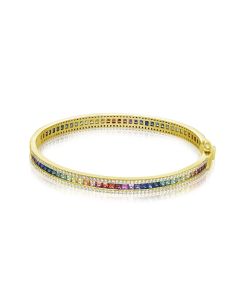 Women Sparkling Gold Bangle 14K Sapphire & Diamond Hinge Lock Cuff Bracelet