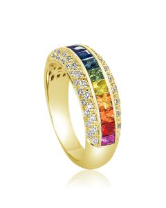 Rainbow Diamond Ring 14K Gold 2.6mm Princess Cut Sapphire