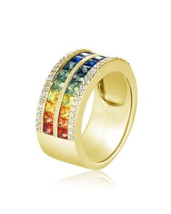 Gold Diamond Ring Double Rainbow Sapphire Wedding Band Matching Couples Ring