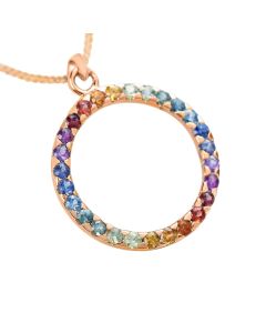 14K Rose Gold Rainbow Spectrum Circle Pendant 2.0mm Round Cut Pave Set 1.2 Carat Natural Colorful Sapphire | Gold Plated Necklace Option