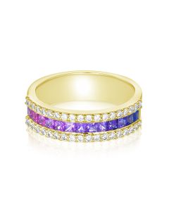Gold Diamond Wedding Band Ombre Gemstones Made Ring Natural Multicolor Sapphire