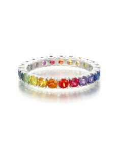 Sapphire Midi Ring Rainbow Eternity Band 2.14 Carats Prong Set 2.4mm in Sterling Silver