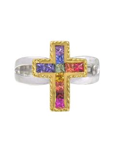Rainbow Sapphire Crucifix Rings 18K GP and 925 Sterling Silver (0.8ct tw) - 6.5 US